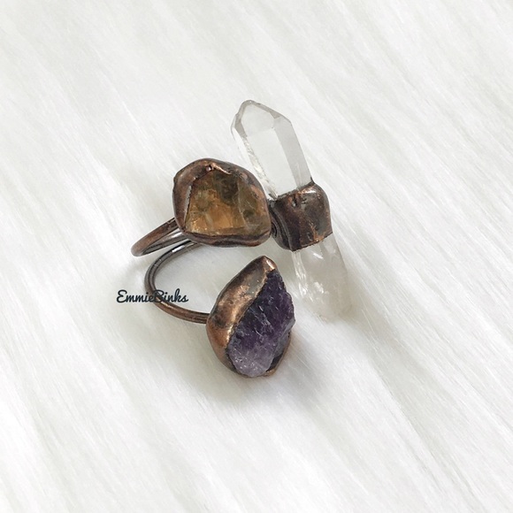 New Triple Crystal Gemstone Ring ~ Natural Amethyst Citrine Clear Quartz Copper - Picture 9 of 16
